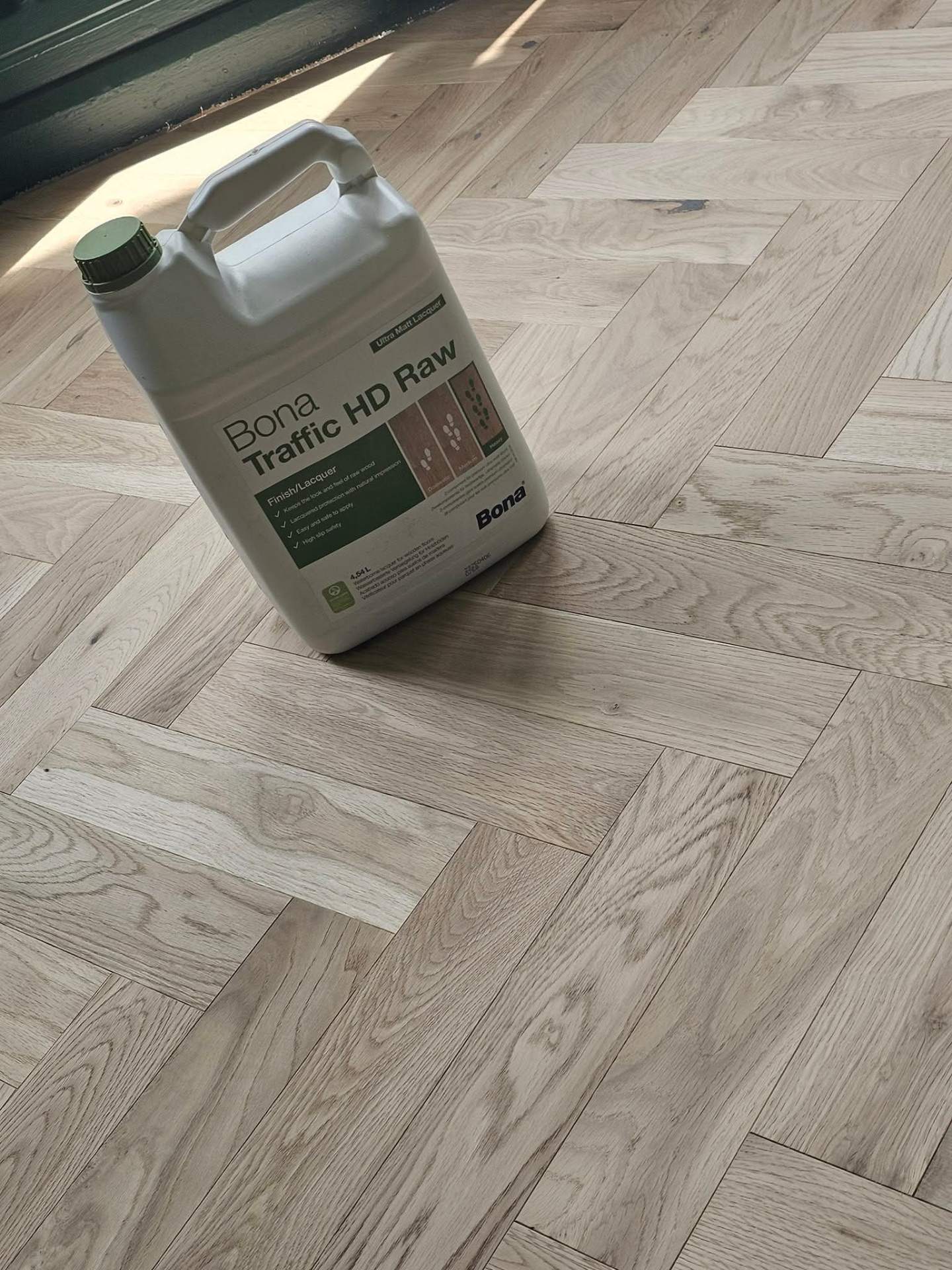Herringbone parquet finished with Bona Traffic HD Raw lacquer