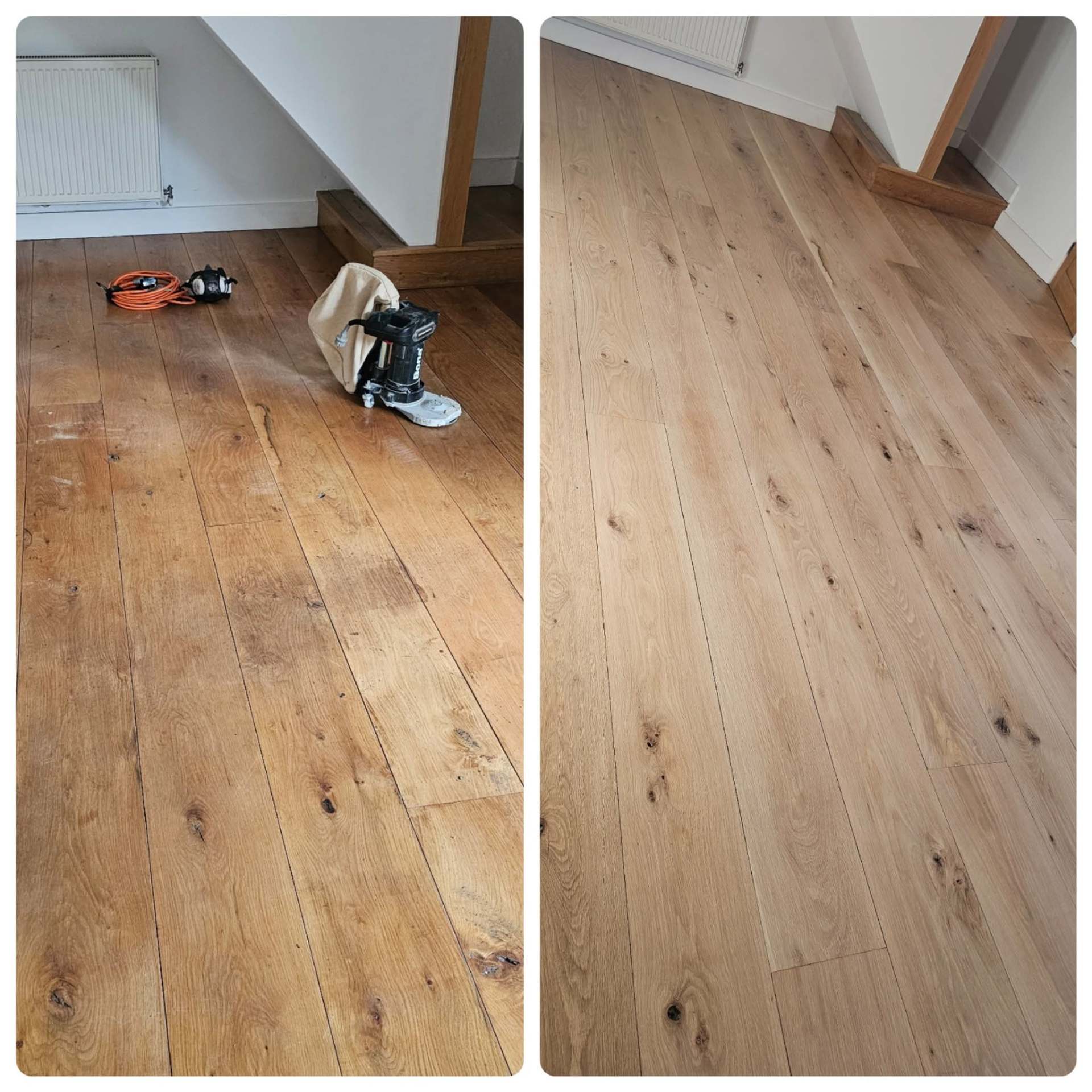 Wide oak floorboards sanded smooth, before and after
