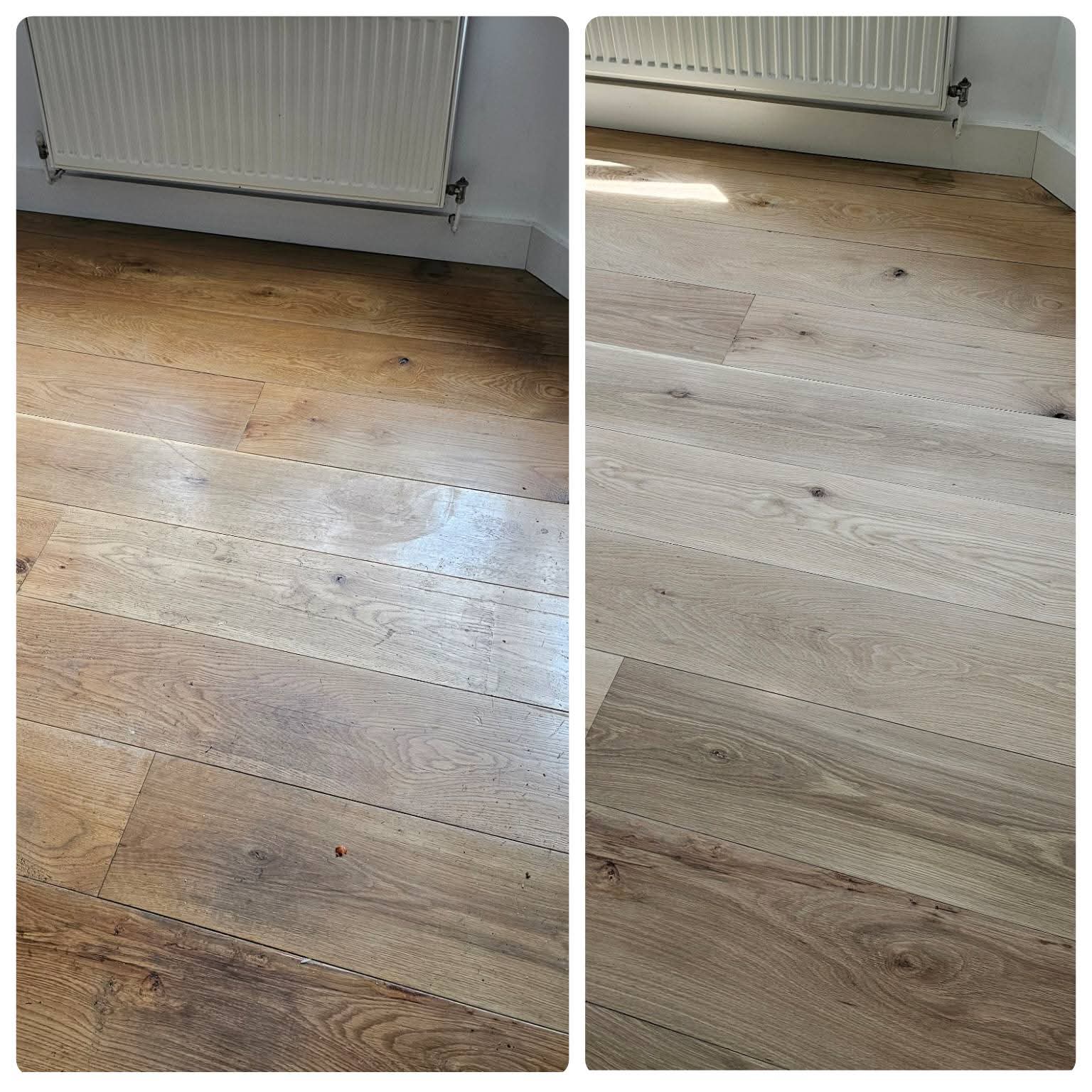 Oak plank floor sanded and refinished, before and after