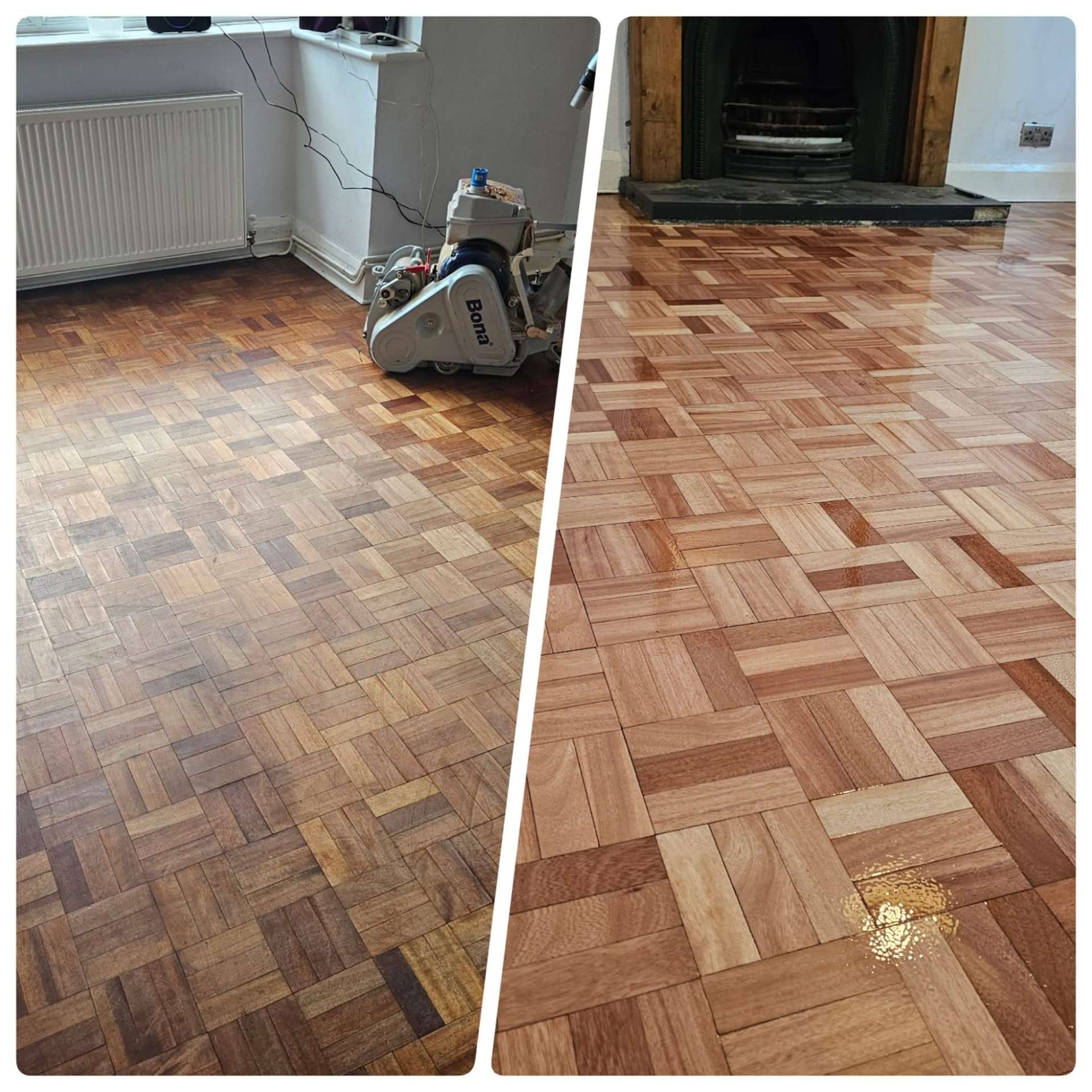 Basket weave parquet floor sanded with Bona finish