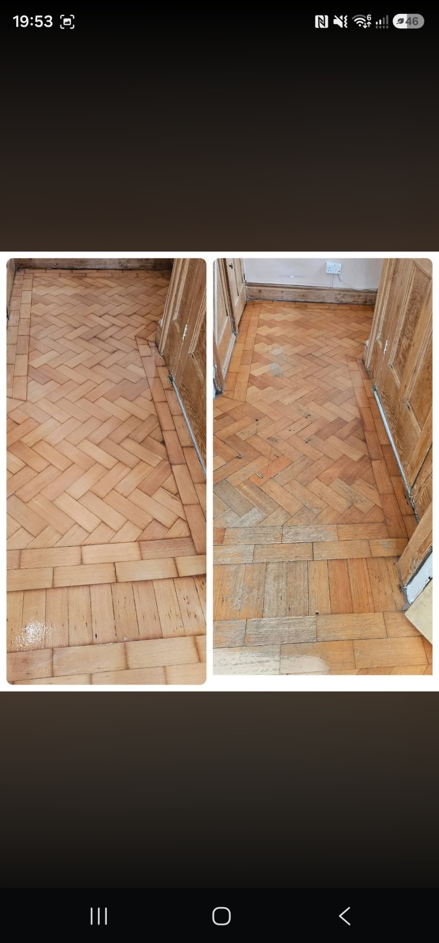Herringbone parquet hallway floor restoration before and after