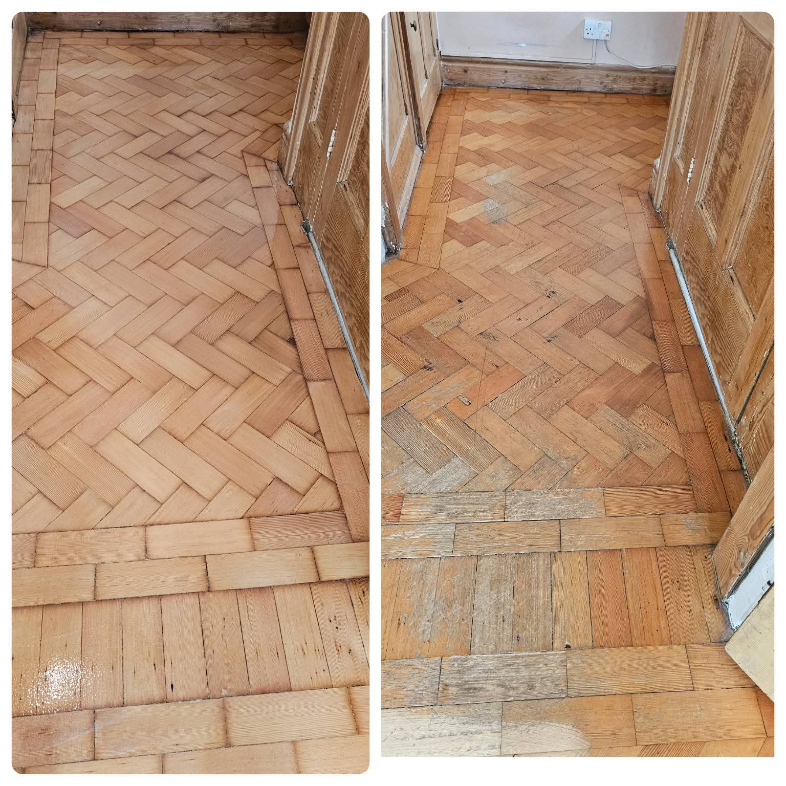 Herringbone parquet floor with border sanded and refinished