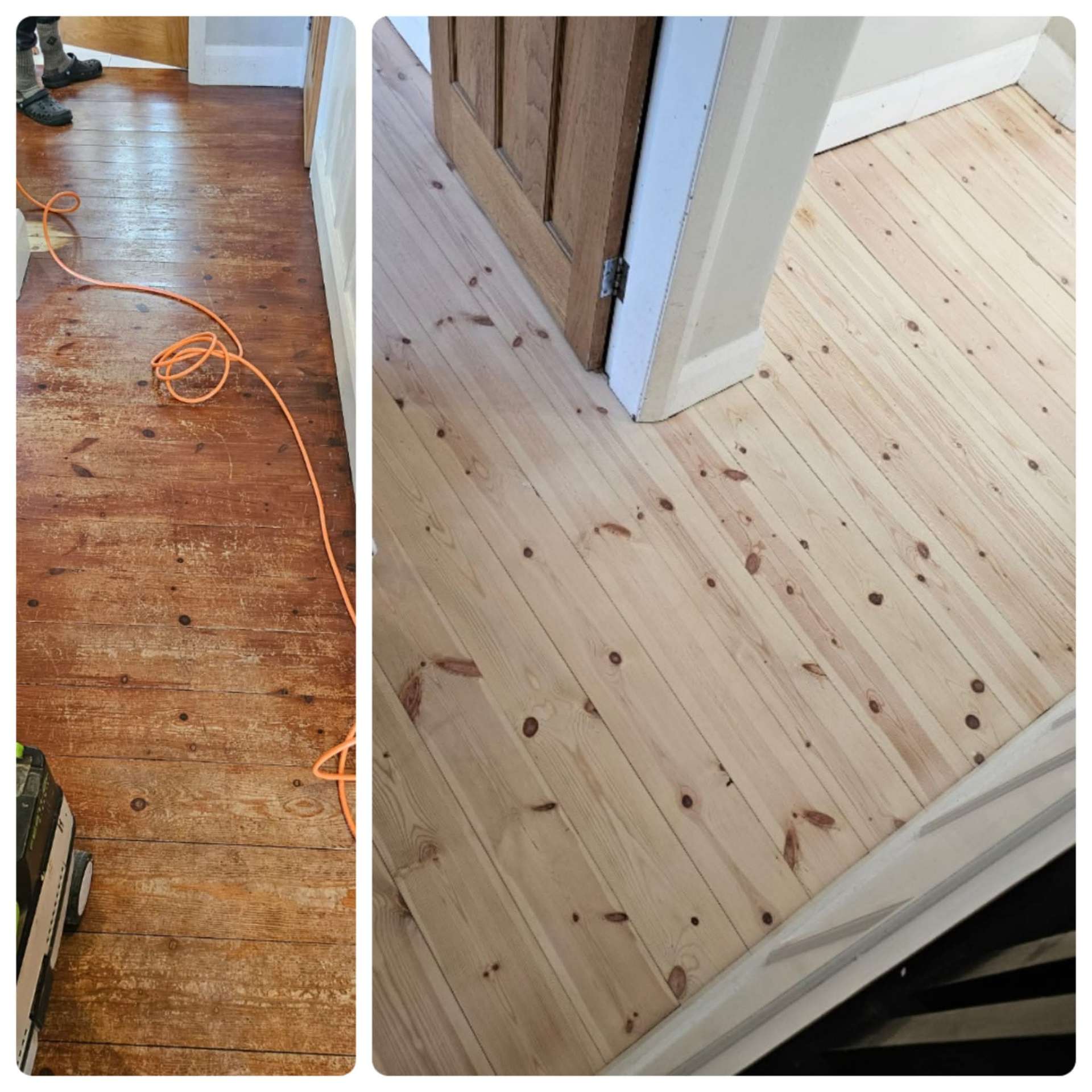 Hallway timber floor stripped and sanded, before and after