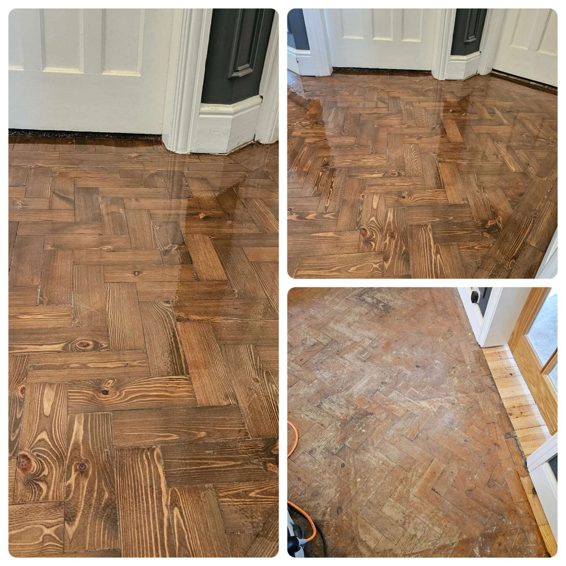 Herringbone parquet floor stained and finished after sanding