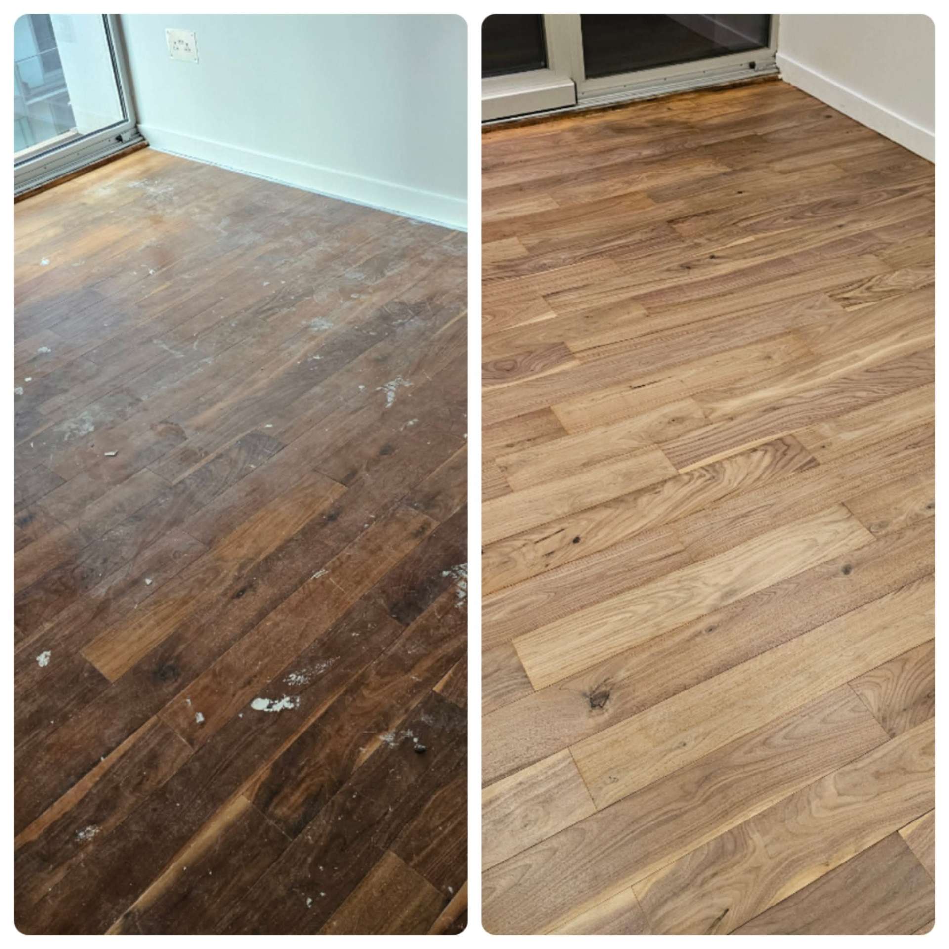 Engineered timber floor sanded and polished, before and after