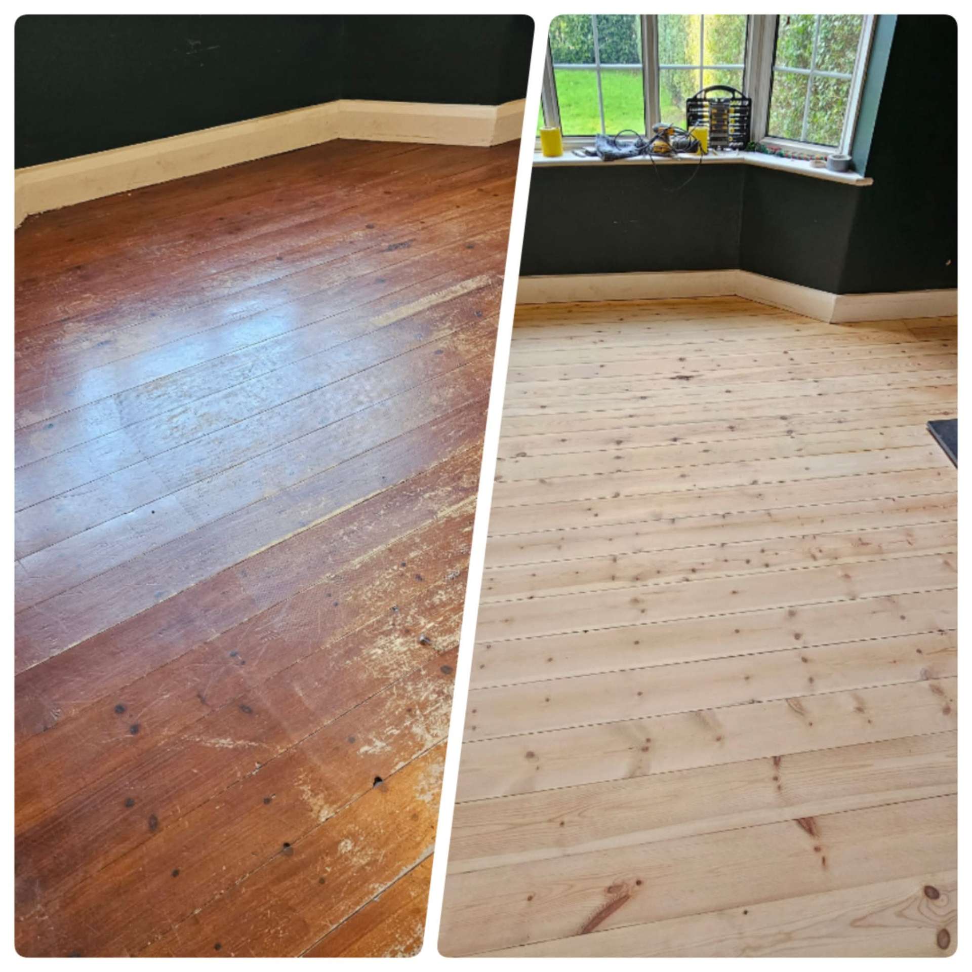 Living room pine floor sanded and refinished, before and after