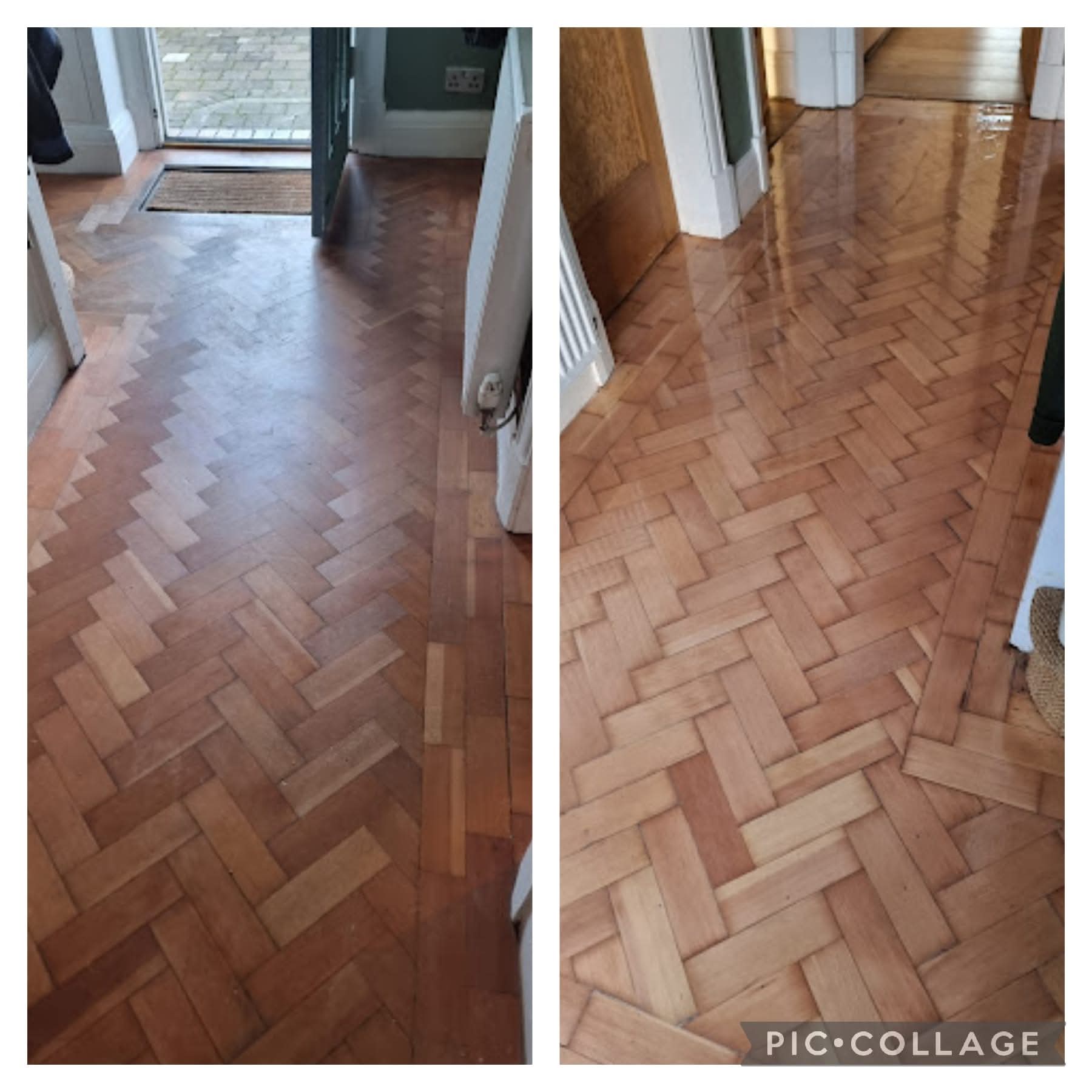 Hallway parquet floor sanded and polished, before and after
