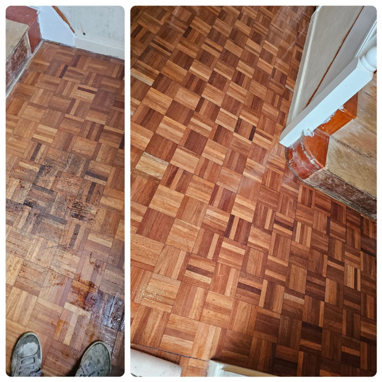 Mosaic parquet floor sanded and polished, before and after