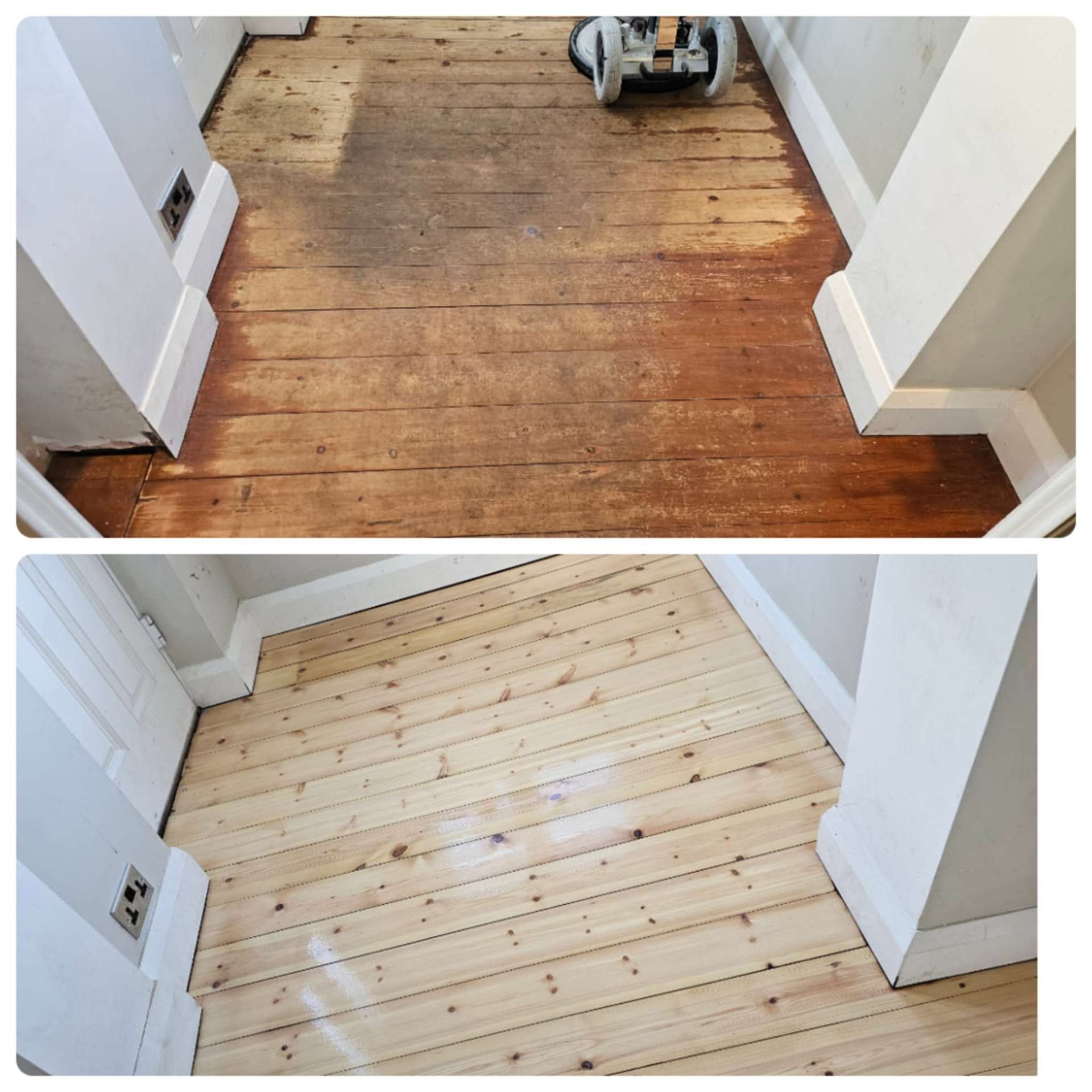 Pine floorboards sanded back to raw timber, before and after