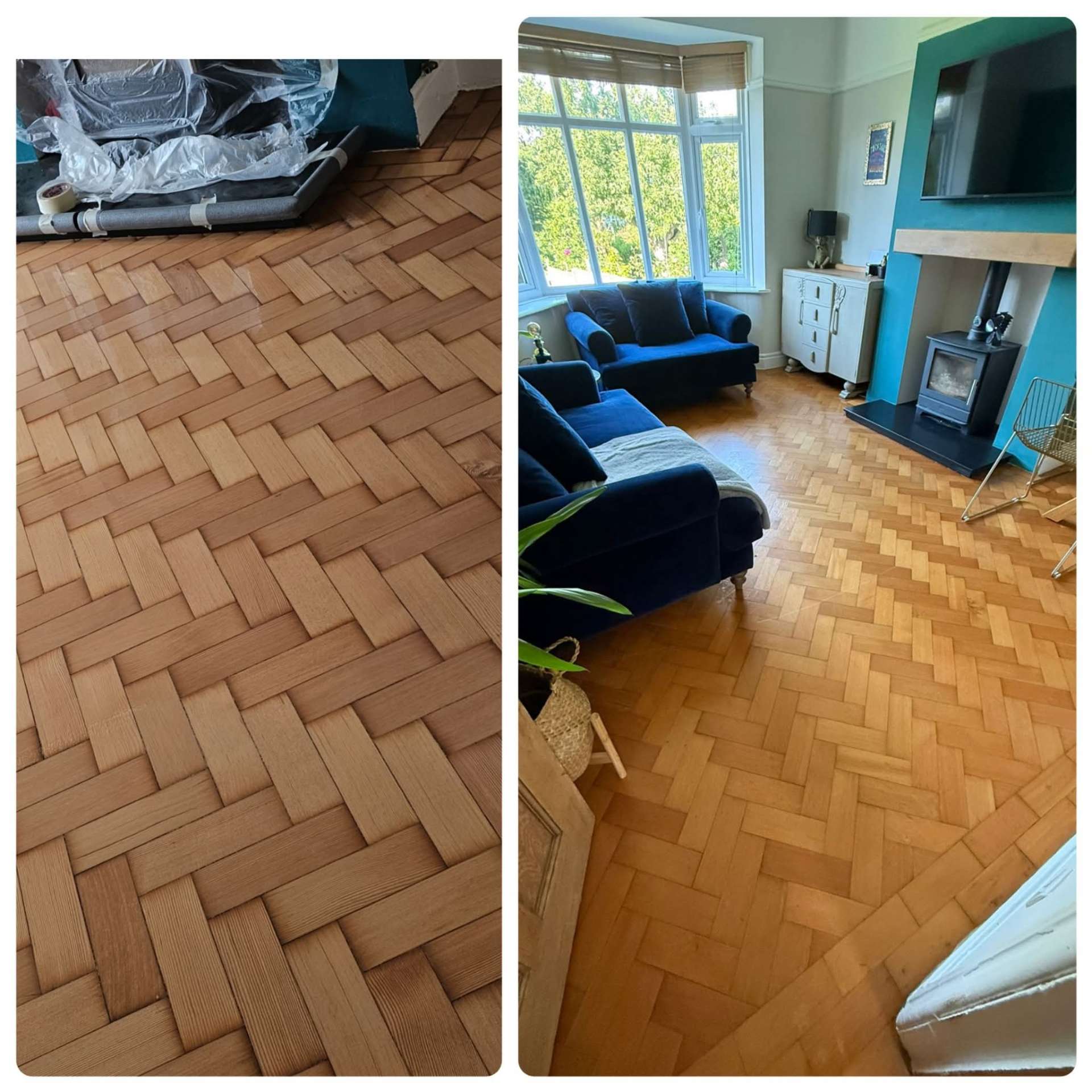 Basket weave parquet living room floor sanded and polished
