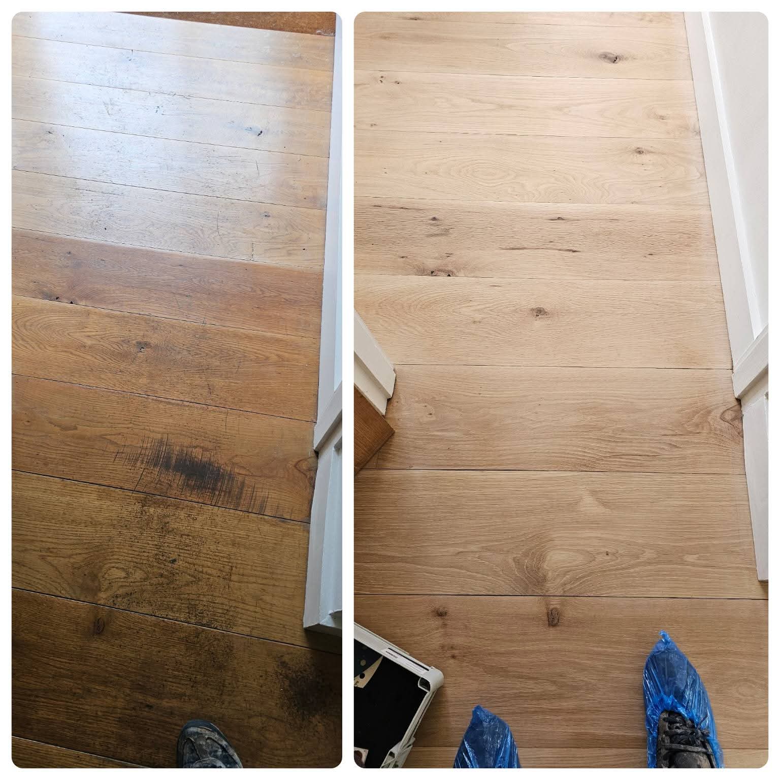 Oak floor stripped of old finish and sanded back, before and after
