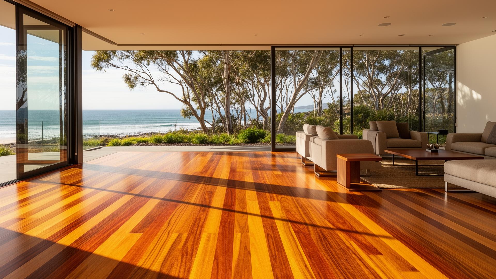 Premium Australian hardwood timber flooring — blackbutt and spotted gum — in a sunlit coastal home
