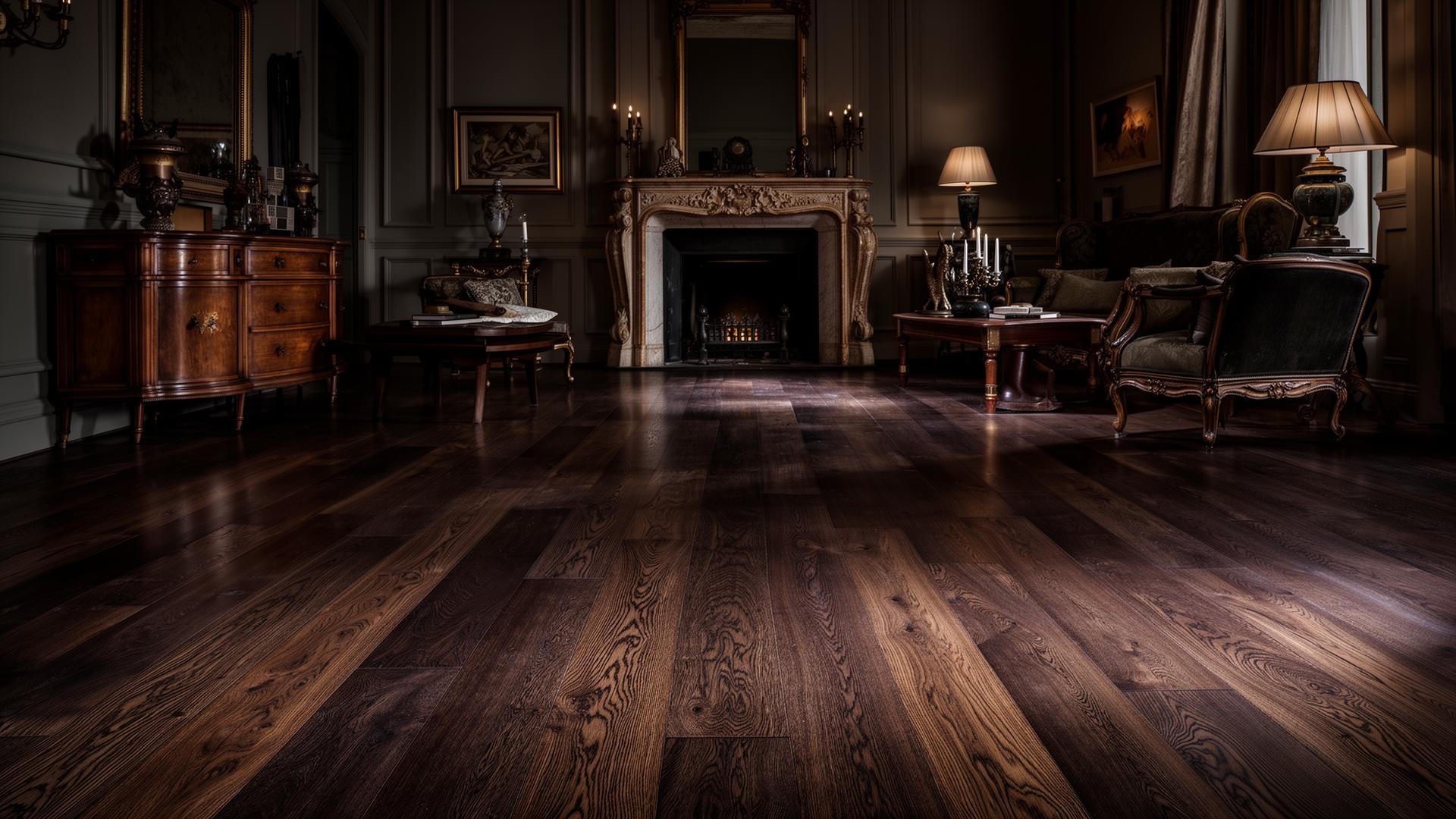 Hand-crafted European engineered oak flooring with deep character grain in an elegant heritage living room
