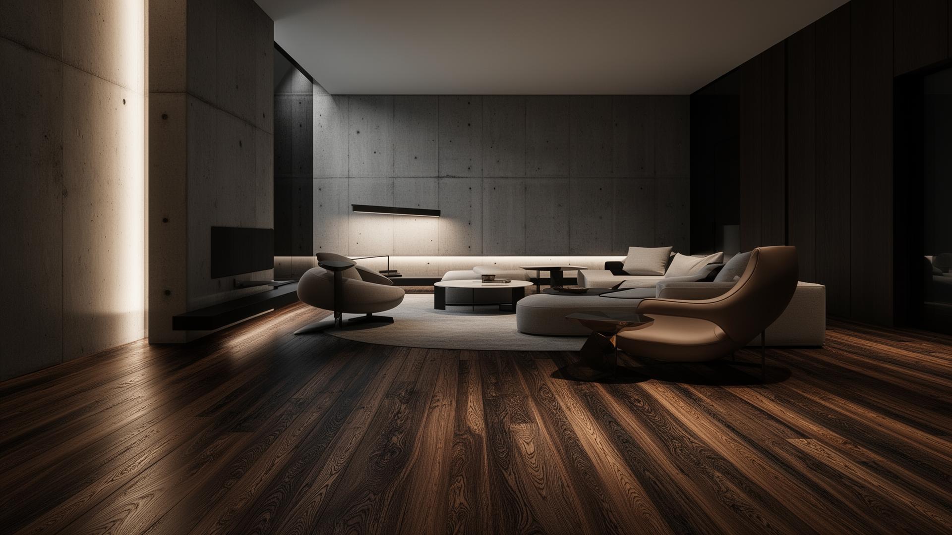 Contemporary European engineered oak flooring with reactive smoked finish in a modern minimalist space