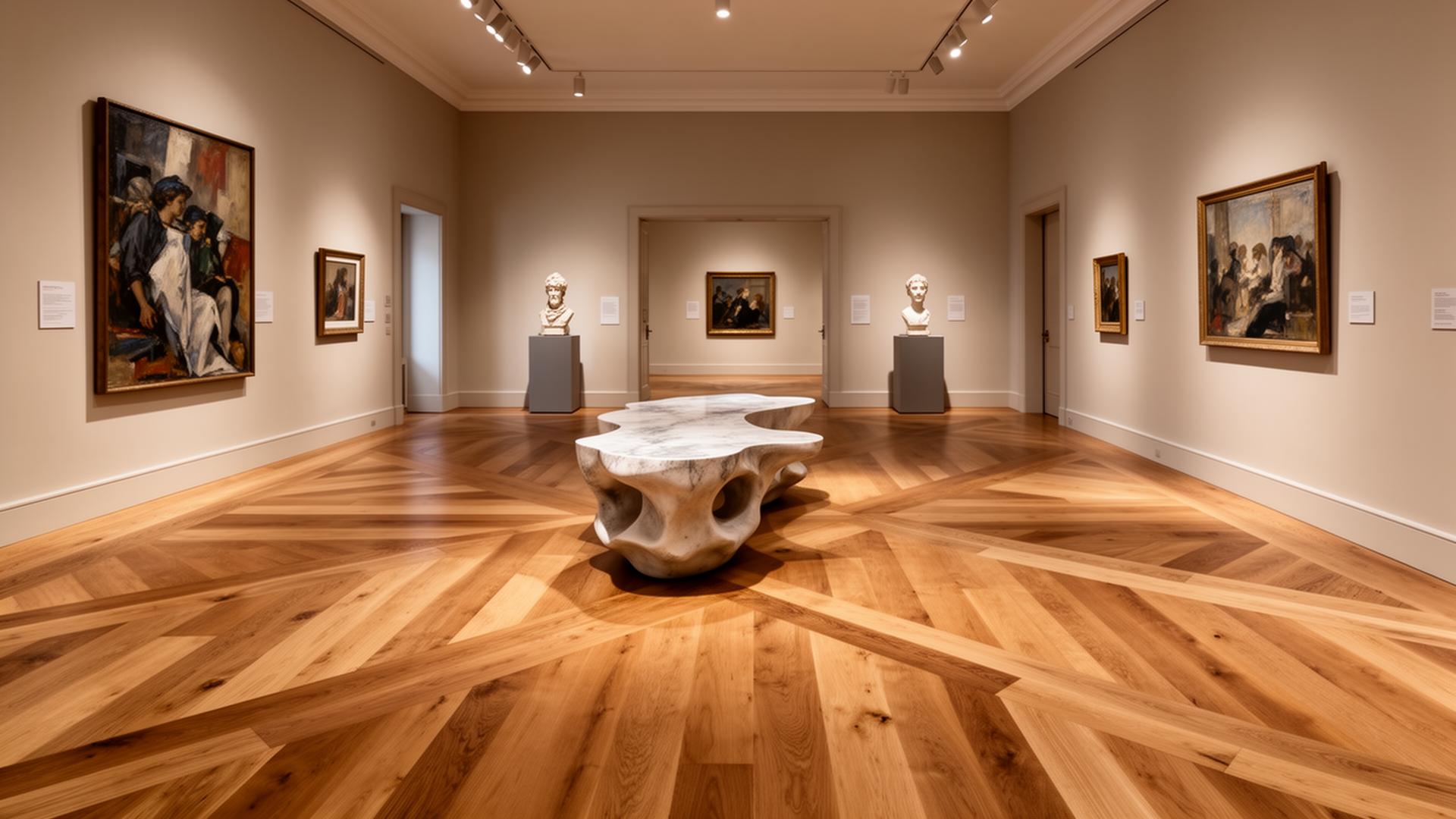 Premium European parquet flooring in a refined gallery-style interior