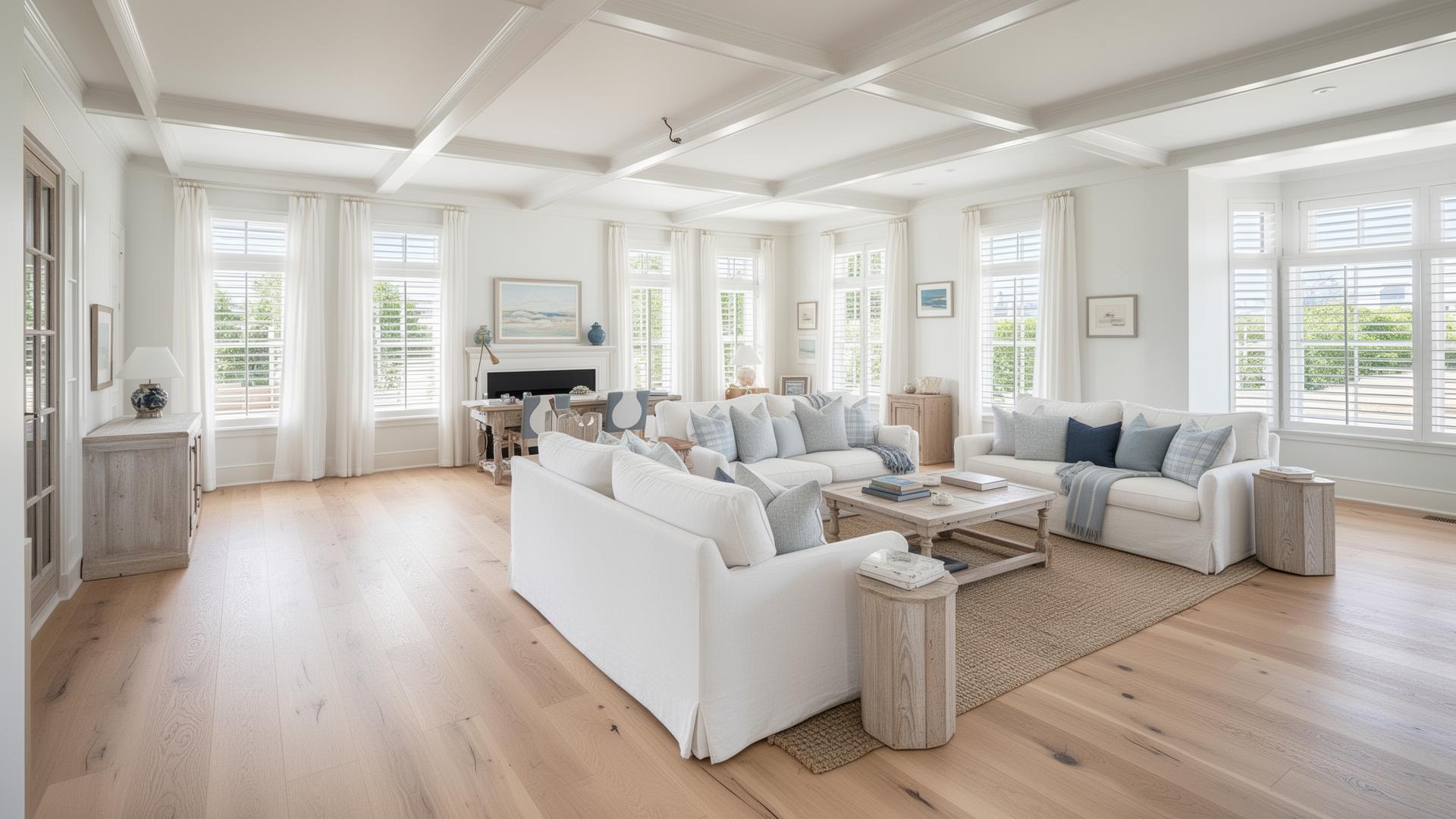 Wide-plank light oak engineered floorboards in a bright Hamptons-style coastal interior