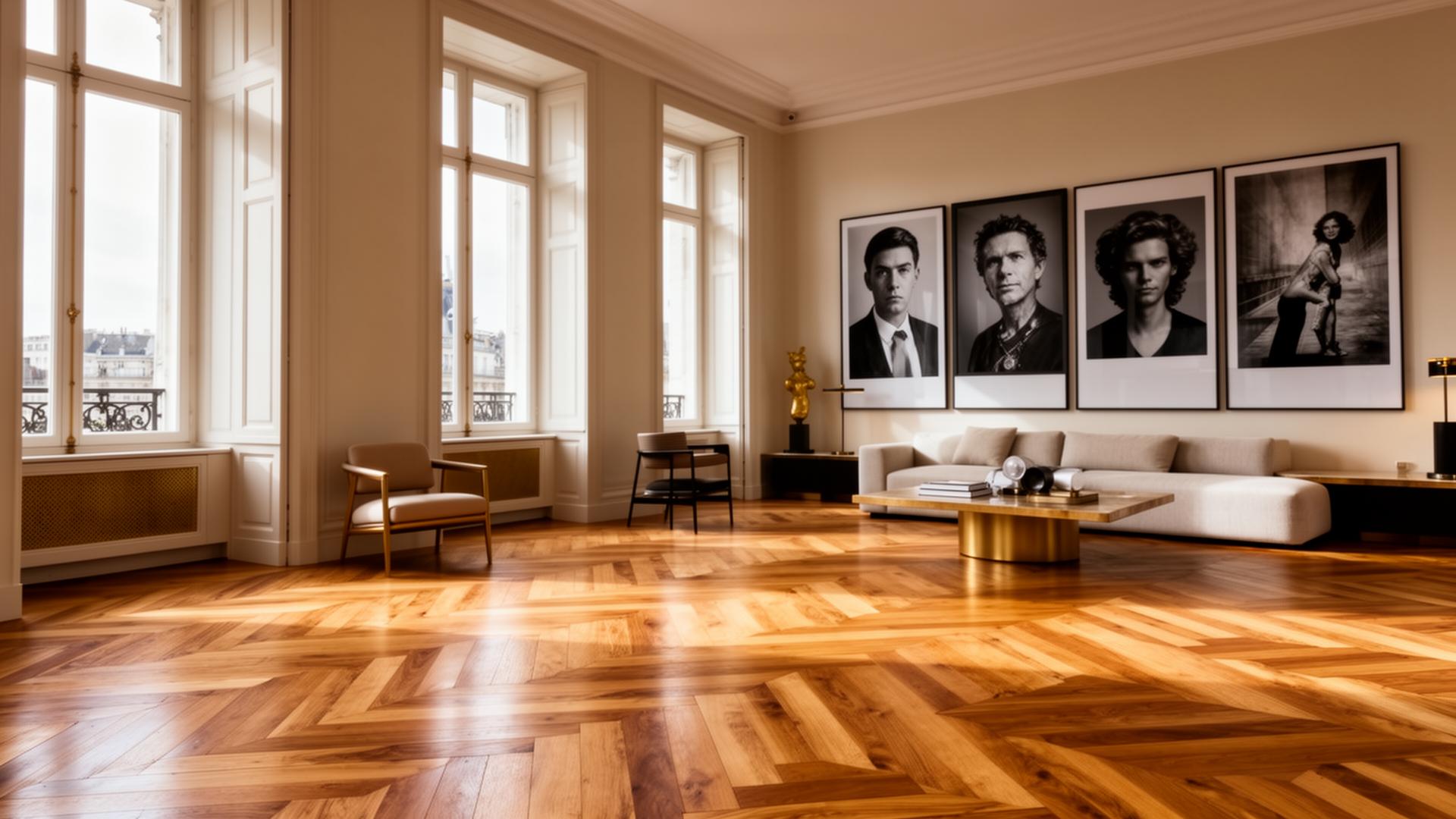 Luxury European oak herringbone parquetry flooring in a refined residential interior