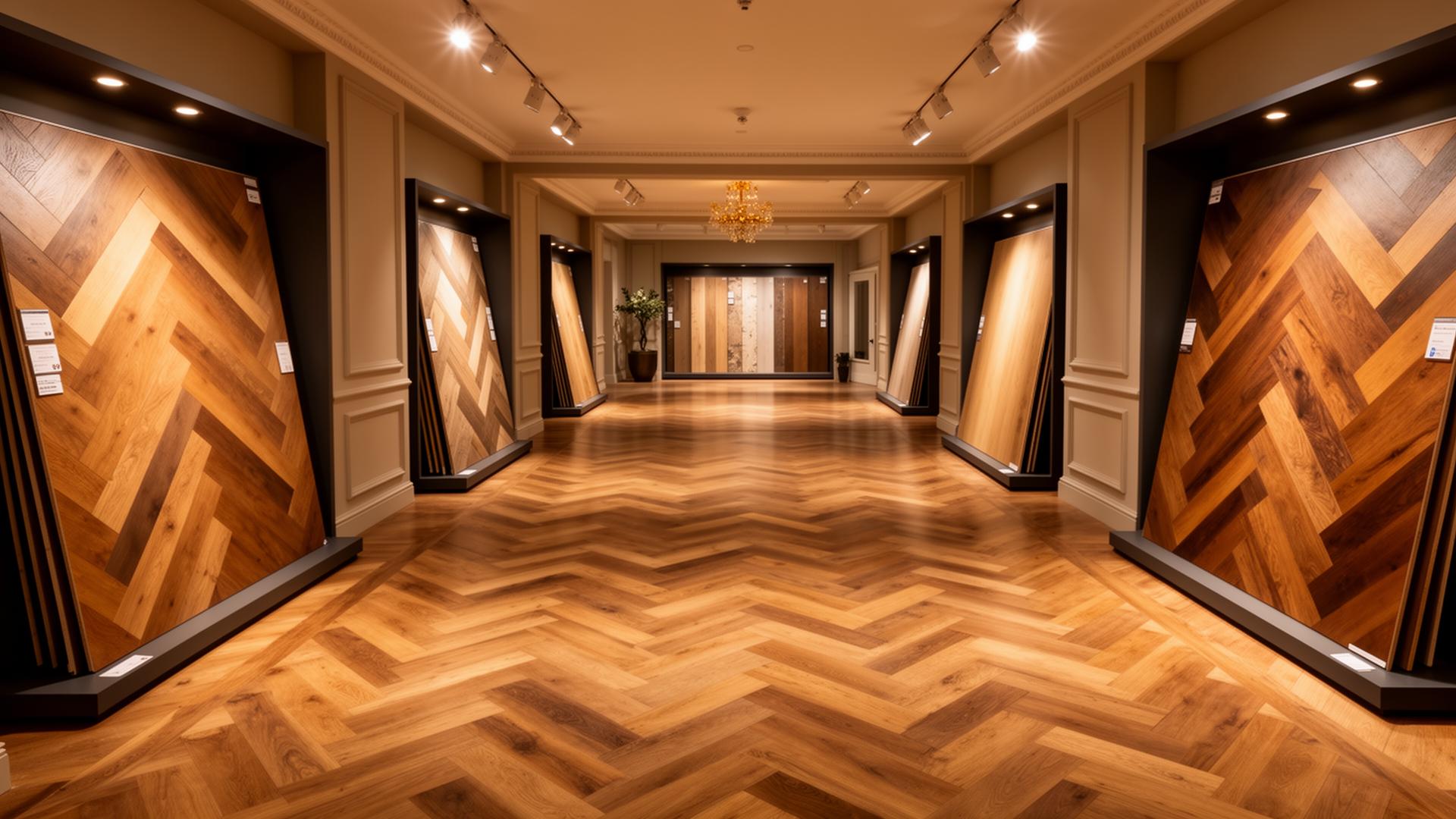 Alvanley Flooring collection of premium engineered, solid and herringbone timber flooring in a luxury showroom
