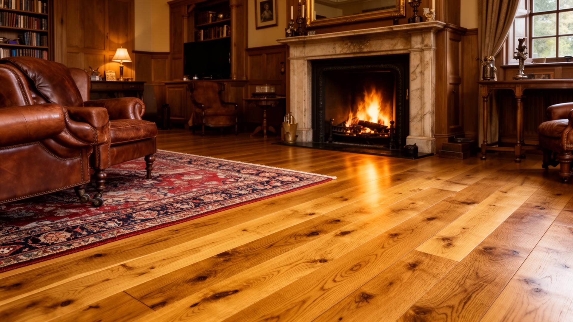 Traditional solid oak floorboards in a warm heritage-style living room